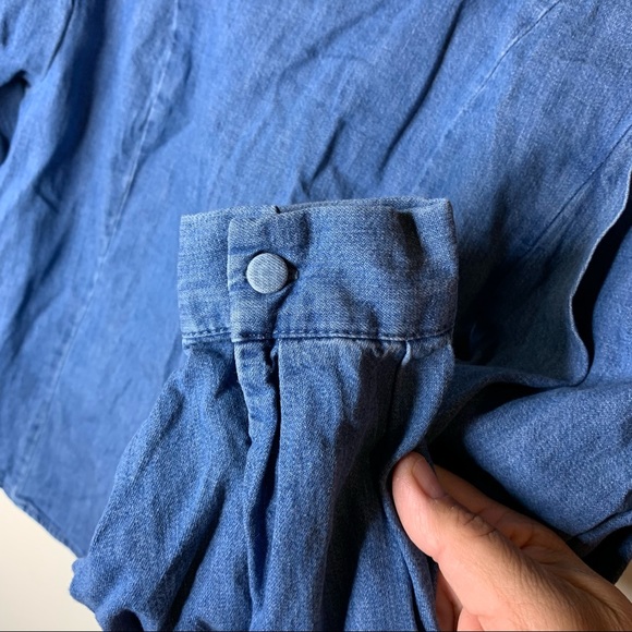 Zara High-Neck Ruffle Denim 3/4 Sleeve Puffy Top - Picture 7 of 14